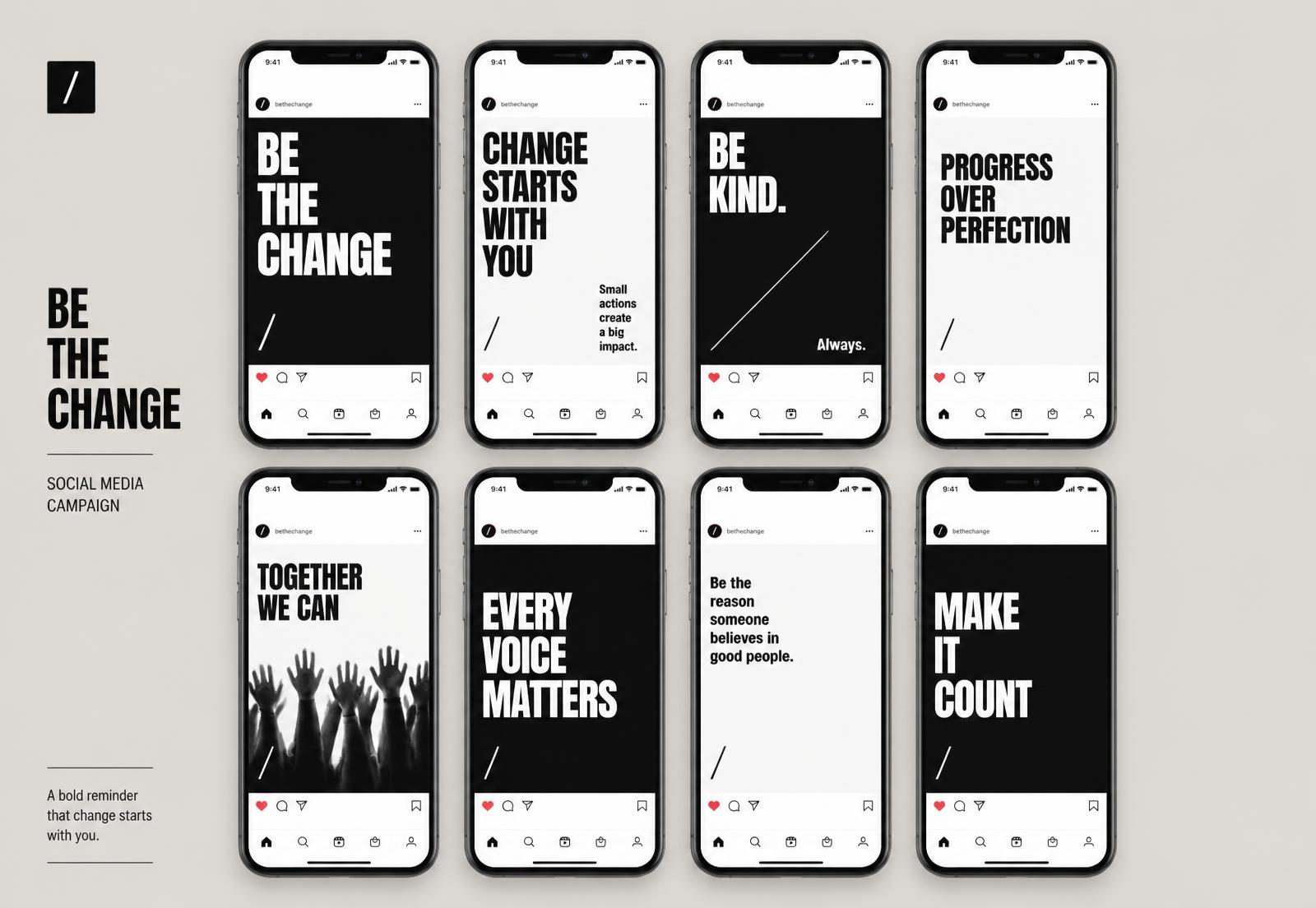 Grid of phone mockups showing a bold black and white social media campaign