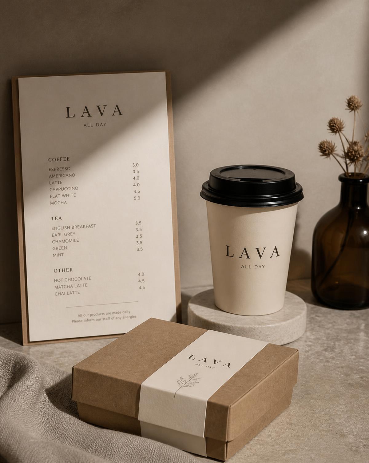 Café menu card, branded coffee cup and packaging box in warm neutral tones