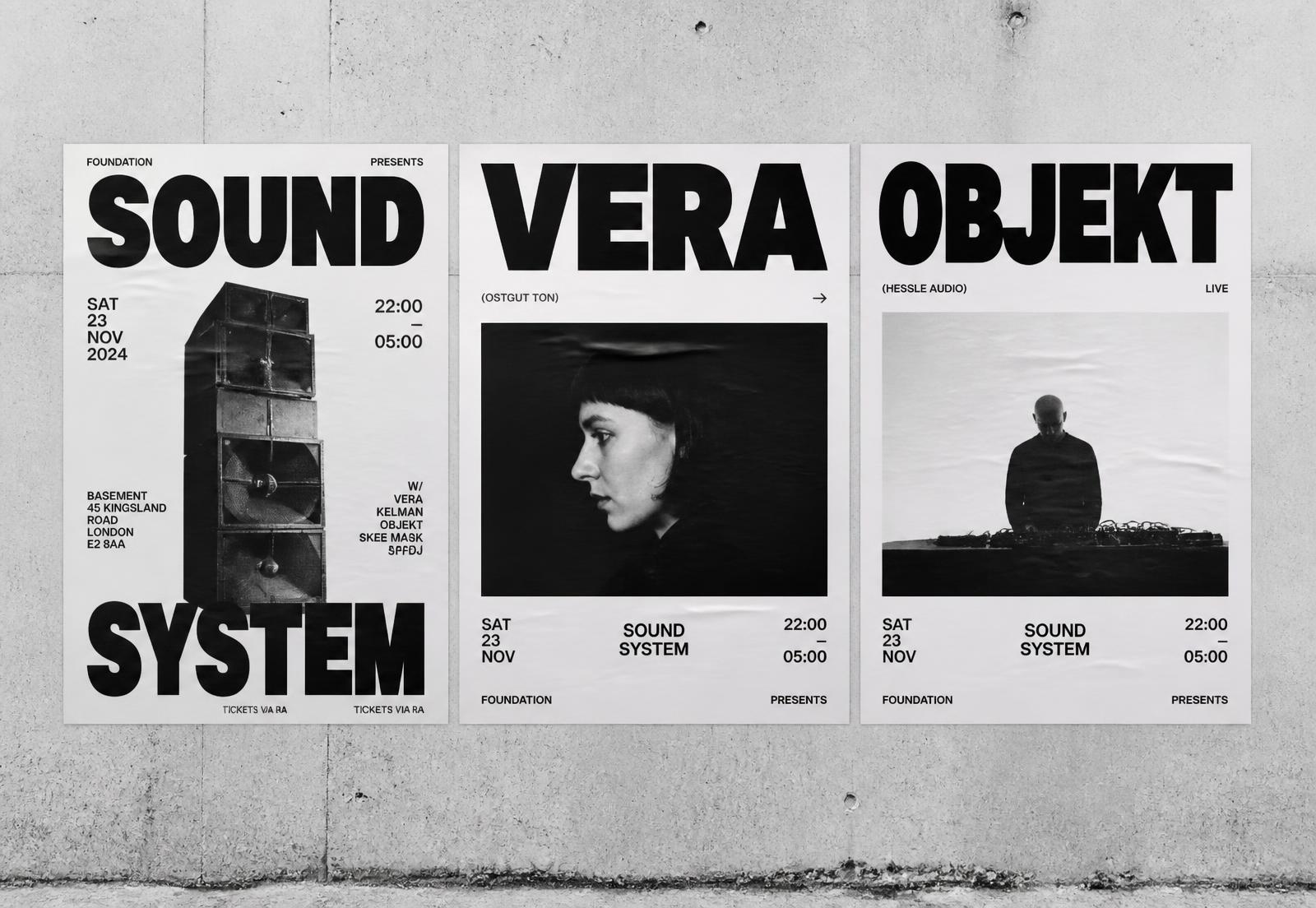 Three high contrast event posters pasted on a concrete wall