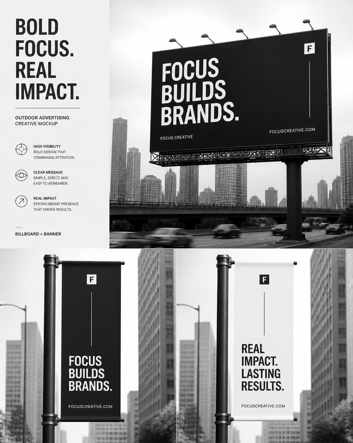 Billboard and street banner advertising mockups in a monochrome city setting