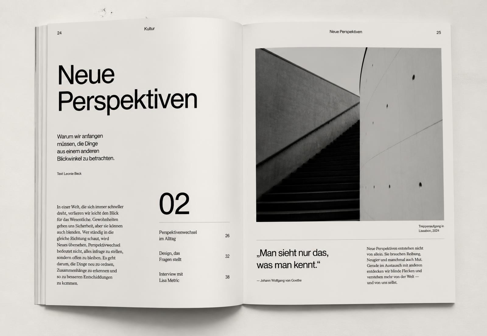 Open magazine spread with Swiss grid typography and a full-bleed photograph